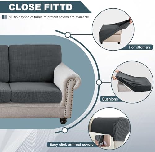Seat Cushion Cover and Back Covers for Corner Sofa Stretch Jacquard, Non Slip L Shaped Sofa Slipcover with Storage Ottoman, Sectional Couch Cover for Chaise Lounge (Mid grey,Ottoman 20 x 20 x 18”)