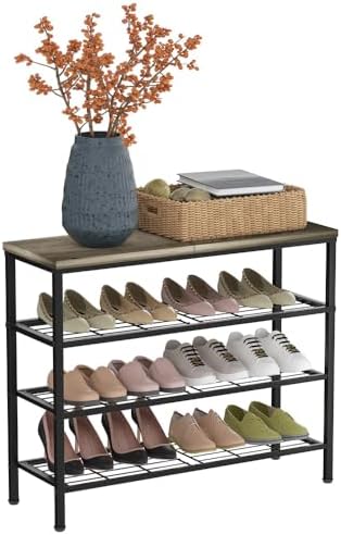 4-Tier Metal Shoe Rack with Wood Top - Durable & Space-Saving Shoe Organizer,Industrial Shoe Organizer Shelf Bench Storagefor Closet Entryway, Bedroom & Hallway - Gray + Black 28.5 W × 25.5" H
