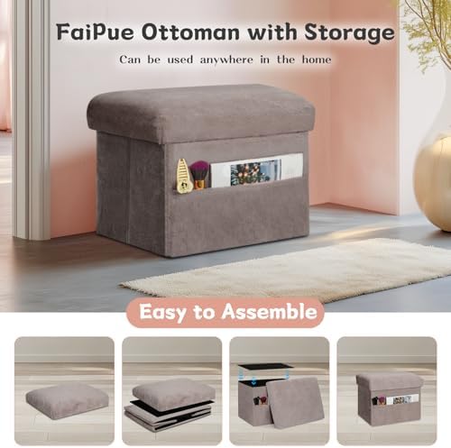 Small Ottoman with Storage, Fur Ottoman Foot Rest with Side Pocket, Gray