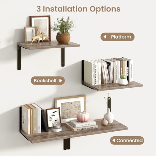 Floating Shelves for Wall, 12 Inch Deep Floating Shelves Set of 2, Wall Mounted Shelf with Metal Brackets, Rustic Wood Wide Shelf for Bathroom, Kitchen and Living Room, Grey, 16W x 12D