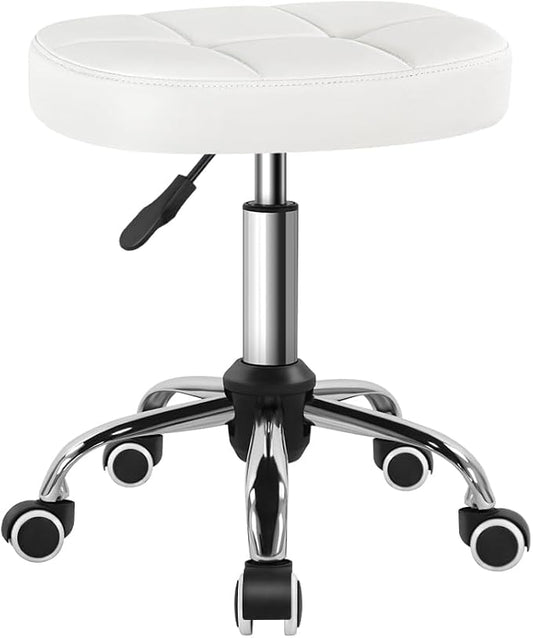 BFTOU White 6-Square Lattice PU Swivel Stool with Wheel for Work SPA Shop Massage Height-Adjustable and Cost-Effective Rolling Stool Chair