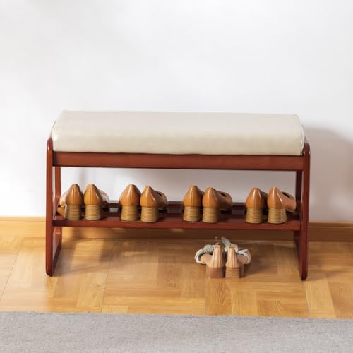 latifolia Solid Wood Bench, Entryway Shoe Bench with Cushion, 2 Tier Shoe Storage Organizer for Hallway, Living Room(Grey,31.50''L)