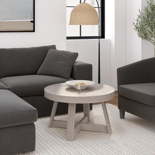 Plank+Beam Classic Coffee Table, 30 Inch, Round, Seashell Wirebrush