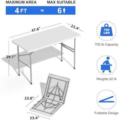 2 Pack Foldable Table 4ft for Camping Party Picnic, School, White