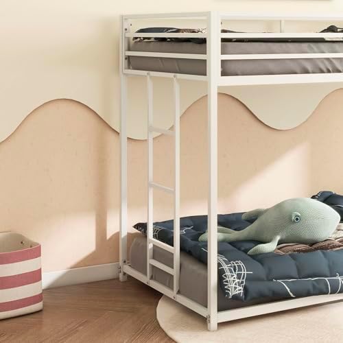 GDFStudio Bunk Bed Twin Over Twin Size, Corner Bed Frame with Metal Safety Guard Ladder,No Box Spring Needed, Noise Free, White