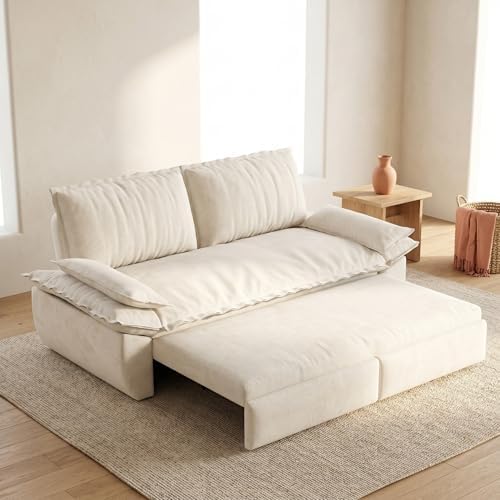 73.2" Sofa Bed Queen, 3-in-1 Pull Out Sofa Bed with Pillow Armrest, Modern Velvet Convertible Sleeper Futon Sofa for Living Room Small Space, Apartment, Bedroom, White