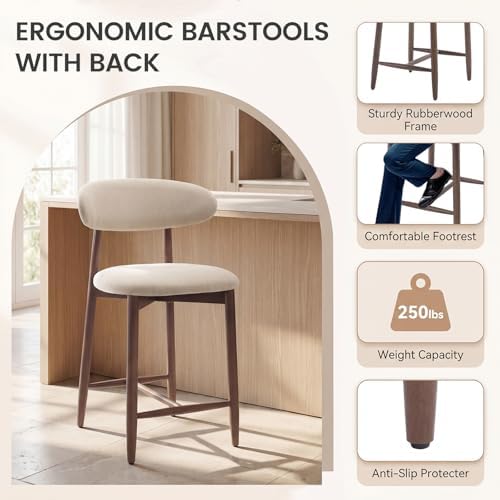 MALOL Counter Height Bar Stools Set of 3, Kitchen Bar Stools with Back, Mid Century Modern Upholstered Barstools with Wood Legs for Kitchen Island Dining Room, Beige