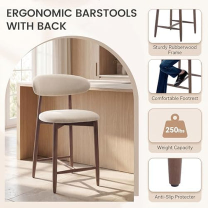MALOL Counter Height Bar Stools Set of 3, Kitchen Bar Stools with Back, Mid Century Modern Upholstered Barstools with Wood Legs for Kitchen Island Dining Room, Beige