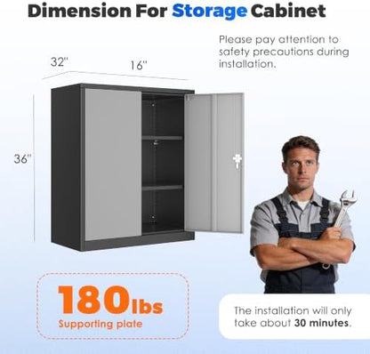 Metal Garage Storage Cabinet, 36" Lockable Storage Cabinet with 2 Doors and 2 Adjustable Shelves, Steel Grey White File Cabinet Great for Home Office, Garage, Warehouse, Study Room
