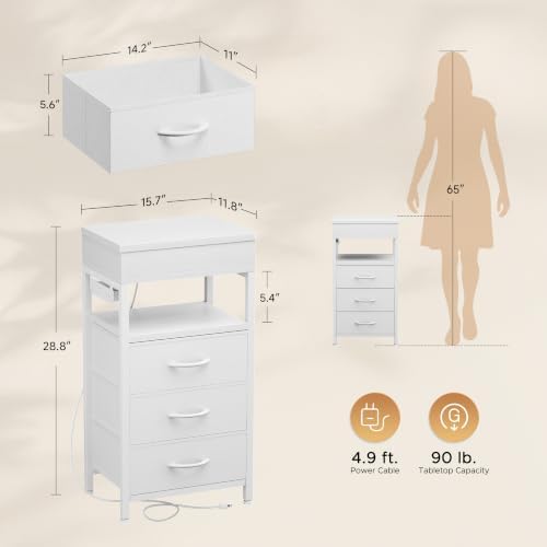 Nightstand with Lockable Hidden Compartment, 3 Drawers, White