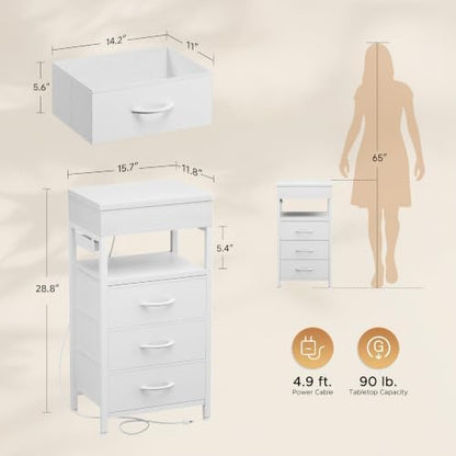 Nightstand with Lockable Hidden Compartment, 3 Drawers, White