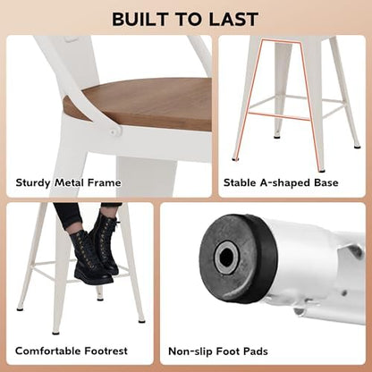 24" Metal Counter Height Bar Stools with Back Set of 4 Off-White