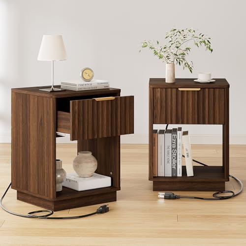 Fluted Nightstands Set of 2 with Charging Station, 18" W Night Stand with Metal Handle and Rounded Edge, FSC-Certified Wood, Mid Century Modern End Table, Bedside Table for Bedroom, Walnut