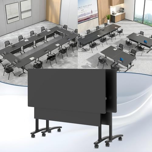 Conference Table, Folding Conference Room Tables with Wheels, Modular Flip Top Nesting Training Table, Modern Rolling Meeting Stackable Tables for Mobile Office Boardroom Classroom, Gray 2Pack