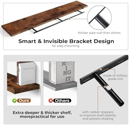 66 Inch Fireplace Mantel Shelf with Invisible Bracket, 8 Inch Deep Floating Shelf for Living Room, Kitchen, Farmhouse, Brown (2-Pack)