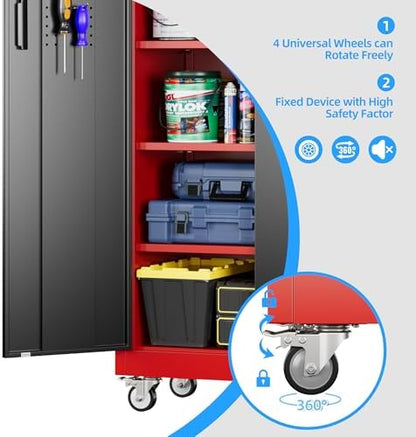 Reemoon 71"H Metal Garage Storage Cabinet,Tool Cabinet with Wheels,Pegboard