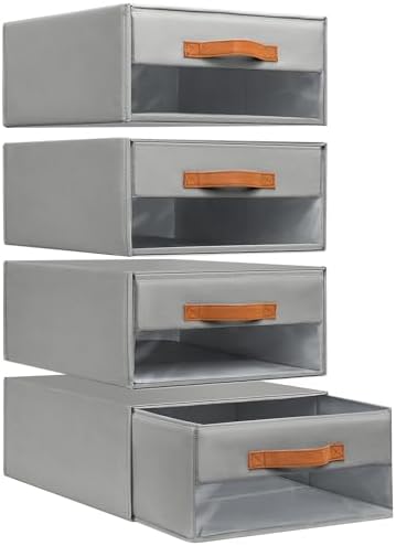 DIMJ Closet Organizers and Storage - Fabric Bins with Drawers for Closet Foldable Clothes Organizers with Clear Window, Stackable Storage Drawers Units for Bedroom, Living Room, 4-Pack, Grey
