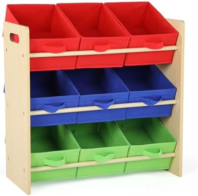 Humble Crew Kids Toy Organizer with 9 Fabric Bins, 3 Tier Storage Shelf