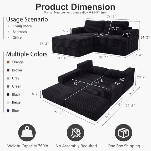 JJJ 75" Convertible Sofa Bed Couch Boneless Loveseat for Living Room