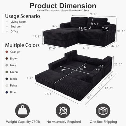 JJJ 75" Convertible Sofa Bed Couch Boneless Loveseat for Living Room