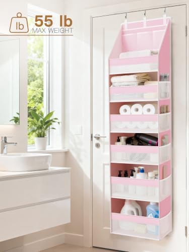 2 Pack Over the Door Organizer, 6-Shelf Closet Hanging Storage with 13 Mesh Pockets, 55lbs Capacity Behind the Door Storage for Baby Nursery, Bathroom, Bedroom, and Dorm, Pink