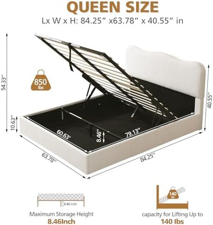 VELOCAVA Queen Size Lift-Up Storage Bed, Upholstered Boucle Bed with Curved Headboard, Rounded Corners, Sturdy Wooden Slat Support, No Box Spring Needed, Easy Assembly, Cream White