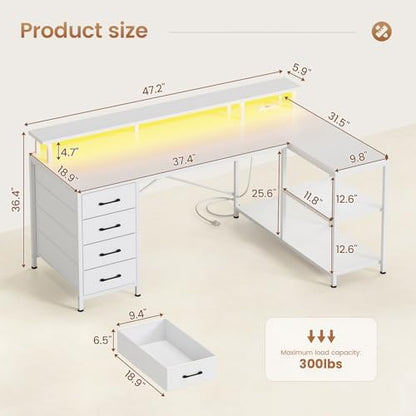 SEDETA L Shaped Gaming Desk with 4 Drawers, Shelves, Power Outlets, White