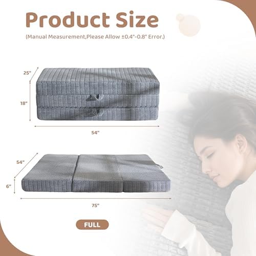 BYBYME Corduroy Memory Foam Tri-Folding Mattress, 6 Inch Gel Folding Mattress Topper, Foldable Soft Guest Bed Camping Pad, Washable Cover (Grey, Full)