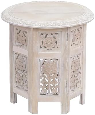 COTTON CRAFT Solid Wood End Table - Hand Carved Folding Accent Side Table