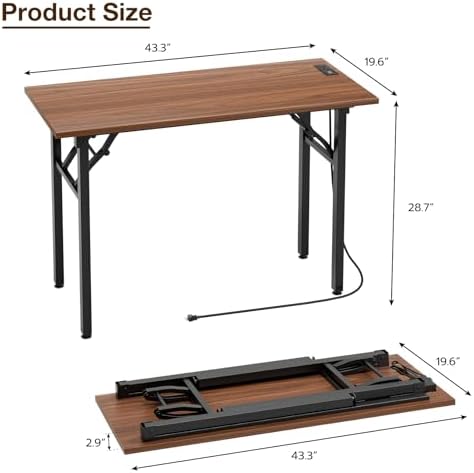 TEMI Small Computer Desk Folding Table - No Assembly, Compact 43.3" Foldable Desk with Power Outlets & USB Charging Port, Portable Small Office Desk, Ideal Mini Study Table for Narrow Spaces, Walunt