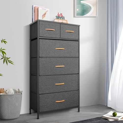 Mifuro Tall Dresser for Bedroom, Vertical Storage Organizer Tower with 6 Drawers, Chest of Drawers with Fabric Bins, Steel Frame, Wood Top for Bedroom, Closet, Entryway- Grey