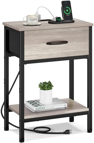 Nightstand with Charging Station, End Table with Fabric Drawer, Small Side Table with 2-Tier Storage Shelves, 25.4" Tall Night Stand, Bedside Table for Bedroom, Living Room, Dorm, Greige