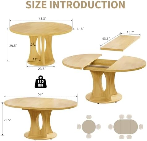 iPormis 43.3-59 Inch Extendable Round Dining Table for 6-8 People, Oval Dinner Table with Adjustable Top and A Stable Round Pedestal Base, Space Saving Wooden Kitchen and Dining Table, Oak