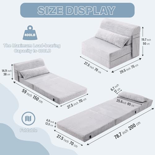 Tiita Convertible Folding Sofa Bed Single Size for Adults with Pillow, Plush Fabric Floor Mattress Couch Bed, Washable Cover & Side Pocket, Guest Room, Dorm, Apartment, Living Room, White Gray
