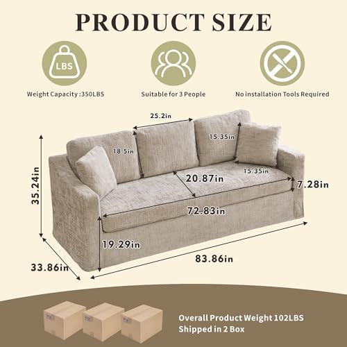 Chifee & Vingol 83" 3 Seater Sofa Couch for Living Room Deep Seat Cozy Sofas Modern Upholstered Sofa with Removable Cover,Wheat