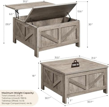 Yaheetech 31.5" Farmhouse Lift Top Coffee Table with Hidden Storage, Gray