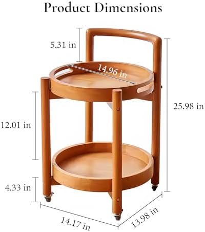 Side Table with Wheels, Mid Century Modern Rolling End Table, Solid Wood Round End Table with Detachable Tray, Small Accent Table, Movable Coffee Table Cart(Natural)