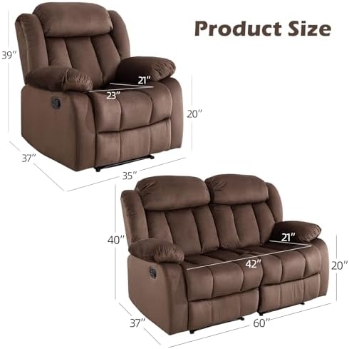 INZOY Manual Reclining Sofa Set, Included Manual Single Recliner Chair and Wall-Hugger 2 Seat Recliner Loveseat, Modern Double Reclining Sofa Couch for Living Room Furniture, Brown, 1+2