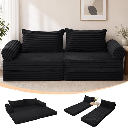 MeMoreCool Convertible Sofa Bed Queen, Corduroy Folding Couch Bed, Black