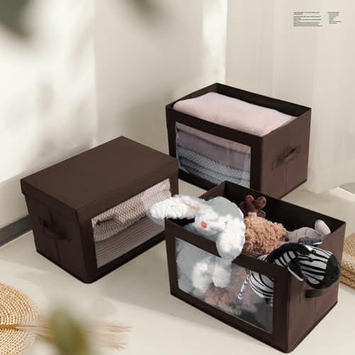 Brown Fabric Storage Bins with Lids - 6 Pack Modern Lidded-Home Storage Bins, 14 Inch. - Perfect for Clothes, Books, CD, Office Supplies