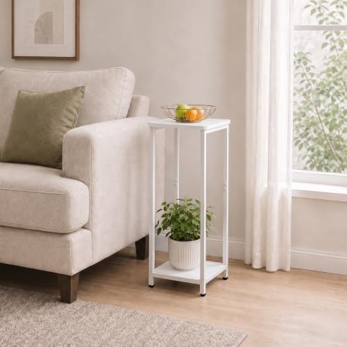 10" Wide Square Drink Table with Adjustable Feet - 2-Tier Small Side Table for Apartments, Balcony & Office | Space-Saving, Lightweight & Multi-Functional (Plants, Books, Drinks, White)