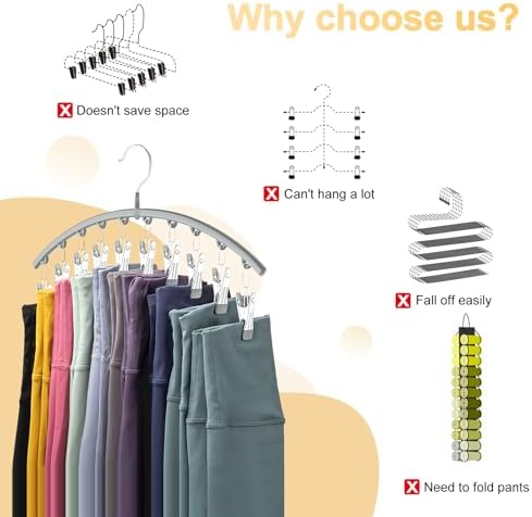 Volnamal Legging Organizer for Closet, Metal Yoga Pants Hanger w/Rubber Coated 1 Pack w/10 Clips Hold 10 Leggings, Hangers Space Saving Hanging Closet Organizer for Closet Organizers and Storage-Gray