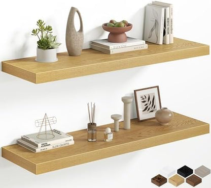 40 Inch Floating Shelves, 12 Inch Deep Wall Shelves, 40 x 12 Floating Shelf Set of 2, Oak Wood Floating Shelf Wall Mounted, Large Kitchen Living Room Bedroom Bathroom Storage Shelves