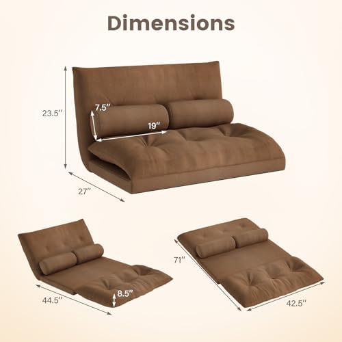 GIANTEX Adjustable Floor Sofa Couch with 2 Pillows, Multi-Functional 6-Position Foldable Lazy Sofa Sleeper Bed, Multi-Functional Suede Floor Seating Sofa for Reading Gaming (Coffee)