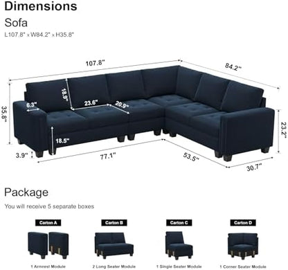 Belffin Modular Sectional Sofa L Shaped Couch with Reversible Chaises 6-Seater Convertible Sectional Sofa Couch Velvet Corner Sofa Blue