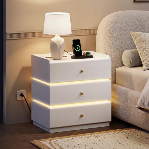WLIVE White Nightstand with Charging Station, 3 Drawers Nightstand with LED