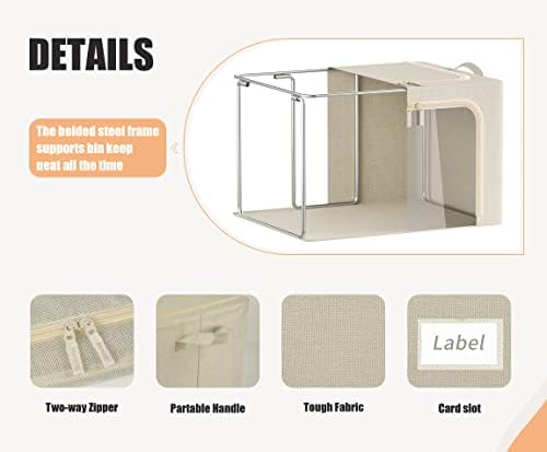 3 Openings Clothes Storage Bins with Metal Frame, Foldable Storage Bin for Clothes, Clothing Storage Bins with Lid, Linen Storage Box With Clear Window＆ Zippers＆ Durable Handles.(3 Pcs ,Beige,40L)