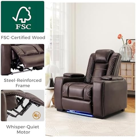 ANJ Power Recliner Chair Set of 6, Electric Recliner with Adjustable Headrest, Dual Motor Home Theater Seating with USB Port, Cup Holders, LED Lights, Hidden Arm Storage – PU Leather,Brown