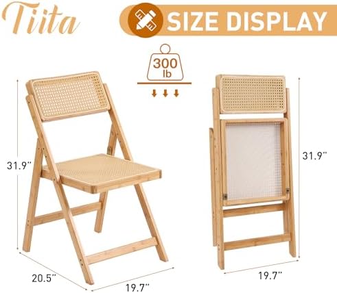 Tiita Rattan Folding Dining Chairs Set of 2, Bamboo Frame, Wood