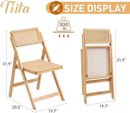 Tiita Rattan Folding Dining Chairs Set of 2, Bamboo Frame, Wood